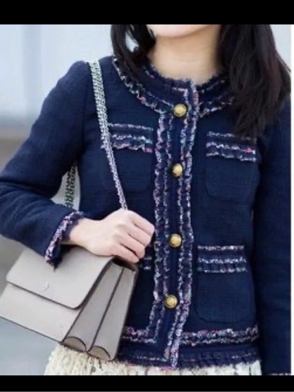J Crew Navy Tweed Jacket with Floral Trim - Picture 3 of 12
